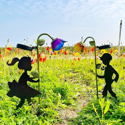 Solar Garden Lights 2 Pack, Boy Girl Silhouettes LED Landscape Lights, Metal Outdoor Decorative for Garden, Landscape, Path, Yard, Patio, Driveway