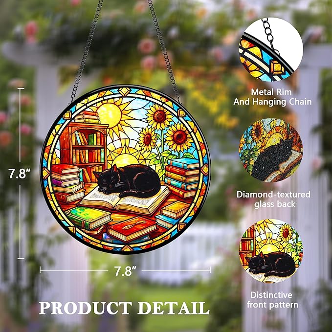 LITIVY Black Cat Suncatcher Stained Glass, Book Lovers Present, 8 Inch Handmade Colorful Library Theme Window Hanging Decor for Reading Nook, Sun Catcher Home Decor