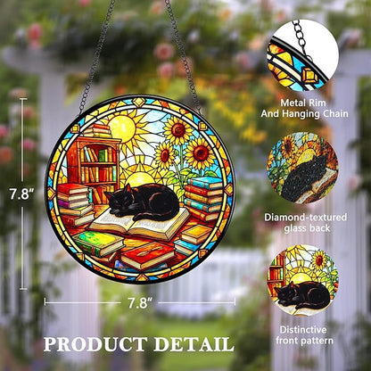 LITIVY Black Cat Suncatcher Stained Glass, Book Lovers Present, 8 Inch Handmade Colorful Library Theme Window Hanging Decor for Reading Nook, Sun Catcher Home Decor