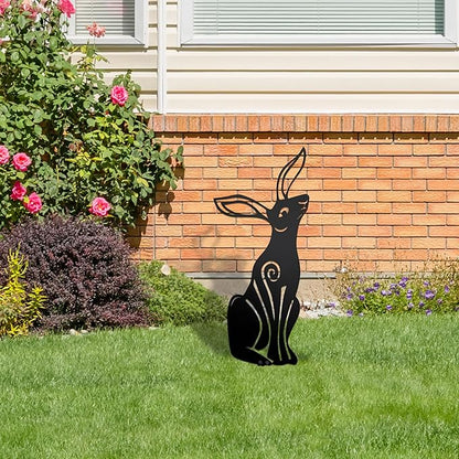 Rustic Metal Bunny Garden Statues – Set of 2 Outdoor Moon Rabbit Decor with Swirling Motifs Bunny Garden Decor Outdoor Sculpture | Metal Easter Yard Art for Patio, Lawn & Easter Gifts