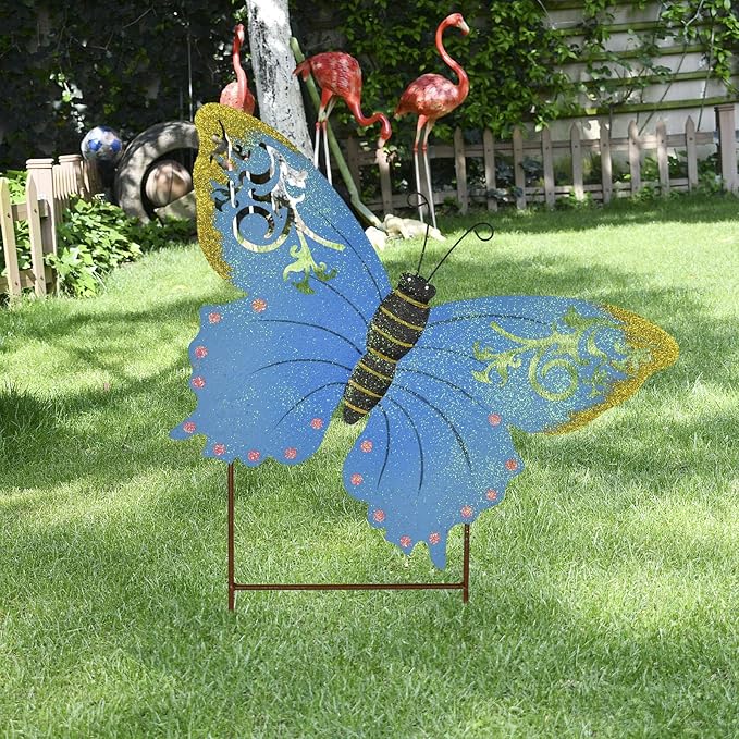Aecipl Garden Decor Metal Butterfly Stakes Yard Sign Decorative Lawn Art Indoor Outdoor Plant Stake Patio Porch Pathway Backyard Decoration (Blue)