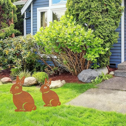 2 Pcs Metal Rabbits Garden Statues,Metal Yard Art Animals Garden Stakes Rabbit Silhouette,Rabbits Yard Art, Flowerbed Decoration, Outdoor Decor