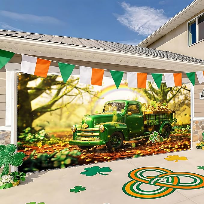 St Patricks Day Garage Door Banner 157.5x70.9in Large Garage Door Cover Outdoor Decorations Green Truck Shamrock Holiday Backdrop with 8 Grommets & 393.7in Rope