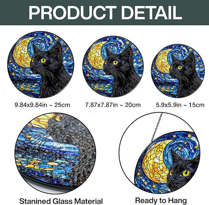 Black Cat Stained Glass Suncatcher Window Hanging Decor for Garden, Starry Night Cat Suncatcher Window Panel Gifts for Cats Lovers, Memorial Gifts for Pet Loss Sympathy Gift for Outdoor Decorations