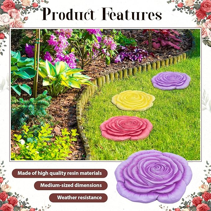 Cinnvoice 3 Pack Garden Stepping Stone Outdoor, Decorative Dimensional Resin Stepping Stones for Patio Pathway Landscaping Walkway Sculpture Yard Backyard Lawn(Rose,10 Inches)