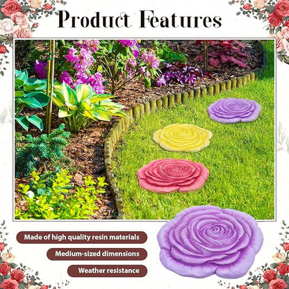 Cinnvoice 3 Pack Garden Stepping Stone Outdoor, Decorative Dimensional Resin Stepping Stones for Patio Pathway Landscaping Walkway Sculpture Yard Backyard Lawn(Rose,10 Inches)