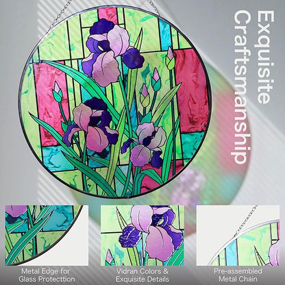 Hanway Suncatcher in Colorful Stained Glass 12" Dia - Genuine Brightly Colored Glass, Protective Metal Edge, Ready to Use Hanging Chain, for Window, Garden (Iris)