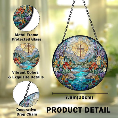 Christian Cross Flower Suncatcher Stained Glass Window Hanging, Cross Wildflower Sun Catchers Indoor Window Glass Wall Art Decor, Religious Wall Hanging Decor Decorations, 7.9x7.9 Inch