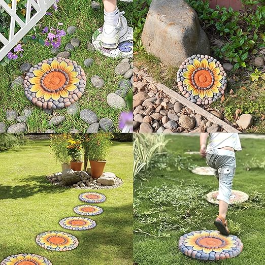Sunflower Stepping Stones - Outdoor Garden Pavers for Walkway - Decorative Stones 9.5*9.5*0.7 Inch LC Lcdecohome