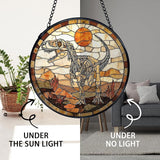 TNUW Dinosaur Skeleton Stained Glass Window Hanging, Prehistoric Dino Fossil Sunset Landscape SunCatchers Indoor Window Glass Round Wall Art Decor, Dinosaur Wall Hanging Decorations, 7.9＂x7.9＂