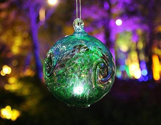 6-Inch Solar Hanging Glass Gazing Ball Outdoor Garden Décor Aqua-Green Swirl