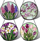 Stained Glass Window Hanging 4 Pcs Set Tulips Plum Flower Daffodils Hyacinths Large 15" - Suncatcher Door Garden Sun Catcher Decor Birthday Mother's Day for Mom Woman Nana