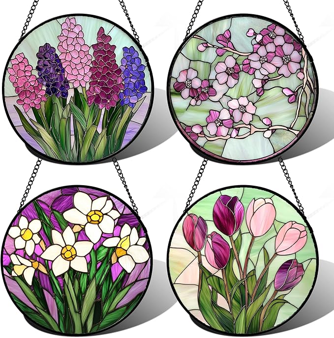 Stained Glass Window Hanging 4 Pcs Set Tulips Plum Flower Daffodils Hyacinths 7.8" - Suncatcher Door Garden Sun Catcher Decor Birthday Mother's Day for Mom Woman Nana