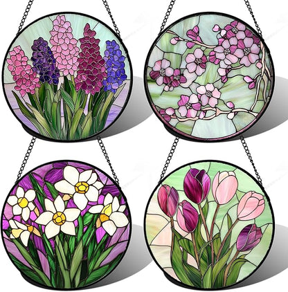 Stained Glass Window Hanging 4 Pcs Set Tulips Plum Flower Daffodils Hyacinths 7.8" - Suncatcher Door Garden Sun Catcher Decor Birthday Mother's Day for Mom Woman Nana