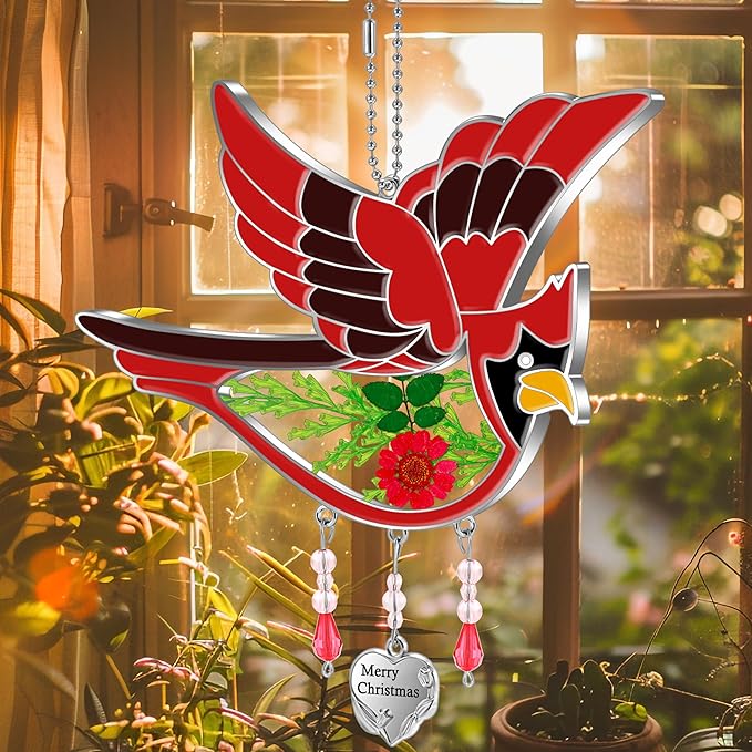 KY&BOSAM Merry Christmas Cardinal Suncatcher Stained Glass with Pressed Real Drived Flowers and Metal Heart Charm Wind Chime Hanings Ornament for Windows Gift for Women Mom Nana Christmas Home Decor