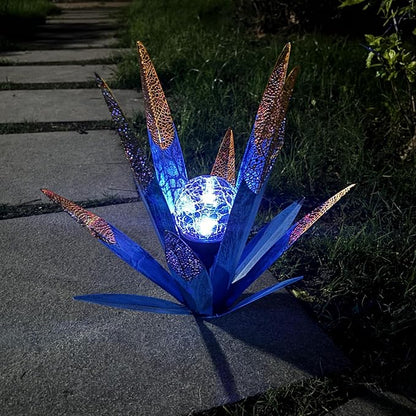 Tequila Rustic Sculpture, Metal Agave Statues Garden Hand Painted Decor for Yard Lawn Patio, Home Outdoor Courtyard Decoration with Solar Light Hollowed Leaves, Ornament Gifts (Blue, Size)