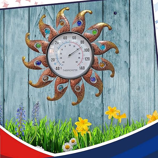Metal Sun Thermometer Indoor Outdoor Wall Art Decor, Sun with Glass Ball Plaque Sculpture Hanging Mounted for Living Room Bedroom Kitchen Workroom Patio Garden, No Battery Required