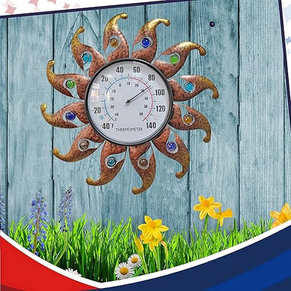 Metal Sun Thermometer Indoor Outdoor Wall Art Decor, Sun with Glass Ball Plaque Sculpture Hanging Mounted for Living Room Bedroom Kitchen Workroom Patio Garden, No Battery Required