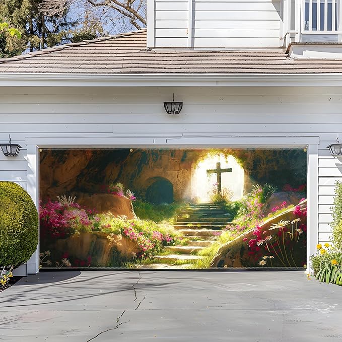 Easter Garage Door Banner 157.5x70.9in Large Spring Garage Door Cover Outdoor Holiday Decorations for House Exterior Yard Decor with Grommets and Rope