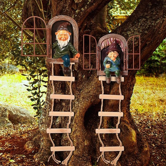 Thyle 4 Pieces Garden Gnomes Outdoor Tree Hugger Gnome Fairy Statue Elf Out the Door Resin Figurine Hanging Ladder Decoration Tree Faces Decor Outdoor for Patio Yard Lawn(Rustic Style)