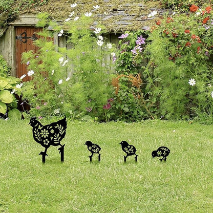 4Pcs Metal Chicken Garden Decorative Statues Distinct Hen and Chicks Silhouette Design,Black Hollow-Cut Yard Art, Perfect Decor for Lawns Yard Gardens