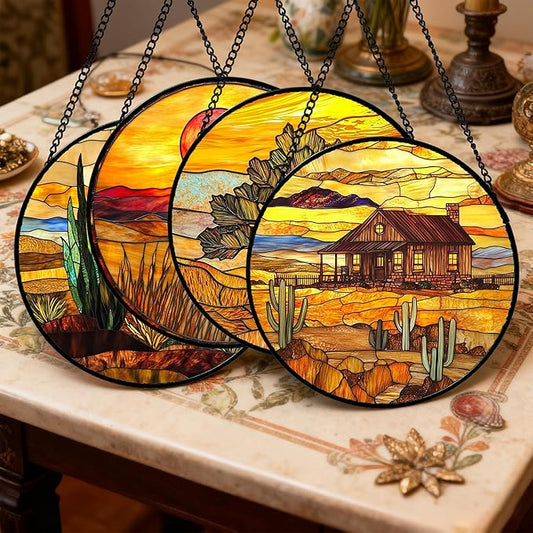 DASTOLL Stained Glass Window Hanging 4 Pcs Set Desert Sunset Theme Landscape 7.8" - Suncatcher Door Garden Sun Catcher Decor Birthday Christmas for Mom Woman Nana Men