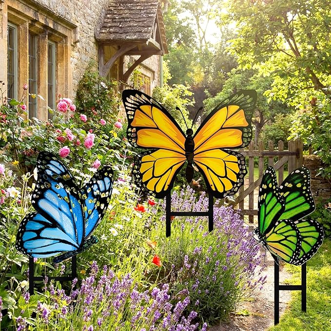 3 Pcs Spring Metal Butterfly Garden Stakes Decor 16.5 Inch Decorative Green Yellow Blue Butterfly Yard Stake Outdoor Insect Decor Metal Garden Art Ornaments for Patio Porch Lawn Backyard