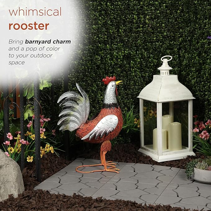 Alpine Corporation JUM388 Metal Outdoor Rooster Decor Statue, Animal Décor for Patio, Lawn & Garden, 20"H, Silver and Rust