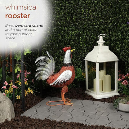 Alpine Corporation JUM388 Metal Outdoor Rooster Decor Statue, Animal Décor for Patio, Lawn & Garden, 20"H, Silver and Rust