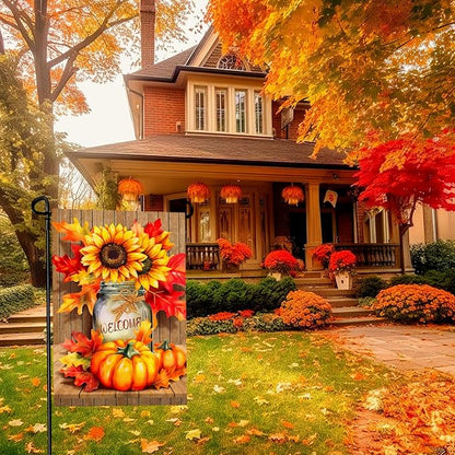 Fall Garden Flags Thanskgiving Sunflower Pumpkin Printing Garden Flag Welcome Autmn Maple Leaves Yard Flag for Outside Mason Jar Pattern Double Side Floral House Flag Decor Standard Size 12×18 Inch