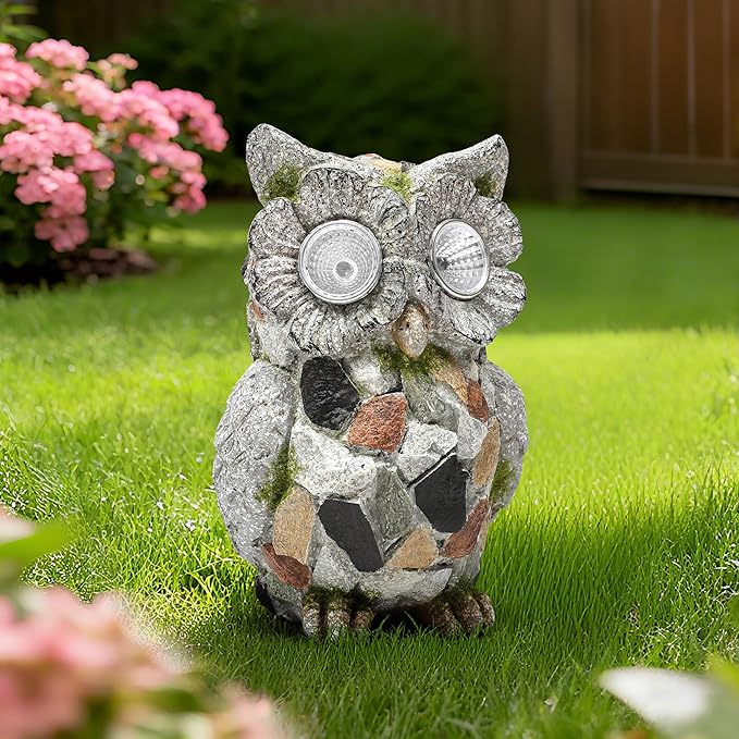 Garden Owl Statue Outdoor Decor with Solar Lights, Resin Owl Figurines for Patio Yard Porch Lawn Solar Owls Decorations Birthday Gift for Women Bird Lovers