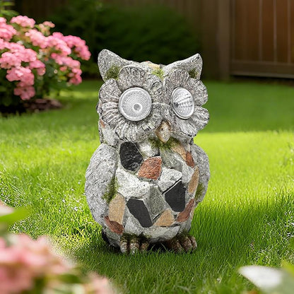 Garden Owl Statue Outdoor Decor with Solar Lights, Resin Owl Figurines for Patio Yard Porch Lawn Solar Owls Decorations Birthday Gift for Women Bird Lovers