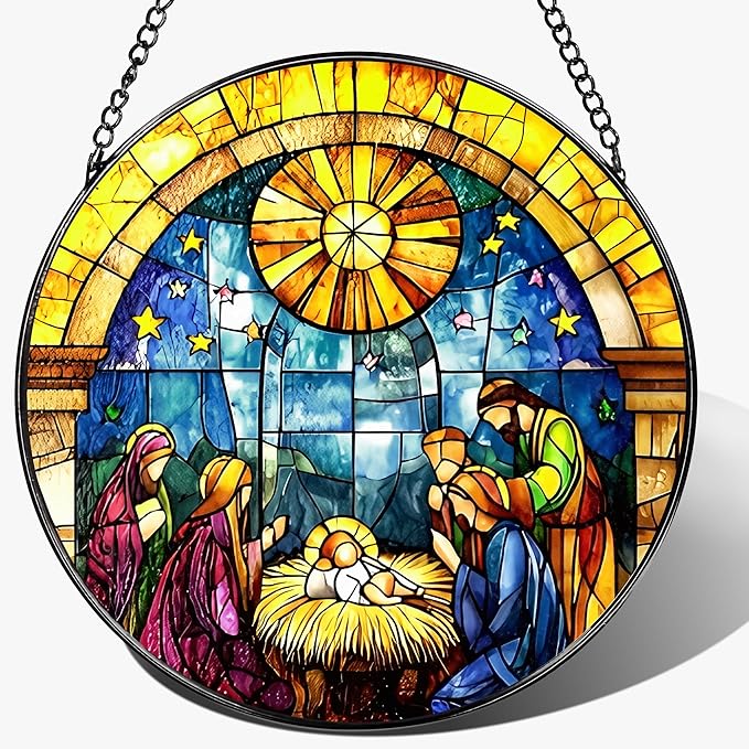 8'' Stained Glass Window Hanging, Nativity Scene Ornament, Christian Christmas Ornament, Holy Family Decoration, Religious Decor, Gift for Christmas, Religious Gifts, Christian Gifts