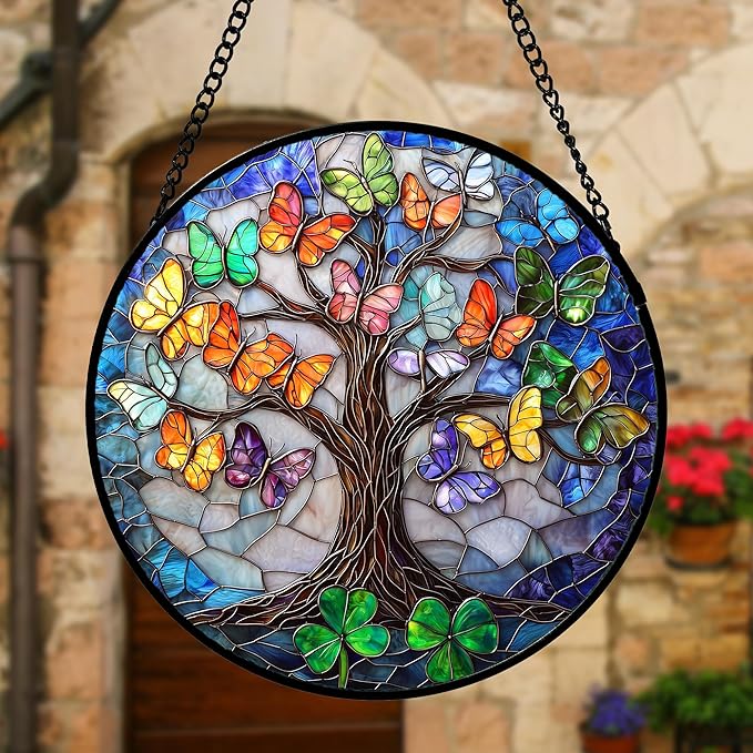 DASTOLL Stained Glass Window Hanging, Butterfly Tree Clover Sun Catchers Glass Panel Blue Suncatcher Decor for Birthday for Women, Men, Wife, Aunt, and Mom 7.8 in