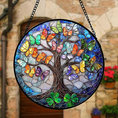 DASTOLL Stained Glass Window Hanging, Butterfly Tree Clover Sun Catchers Glass Panel Blue Suncatcher Decor for Birthday for Women, Men, Wife, Aunt, and Mom 7.8 in