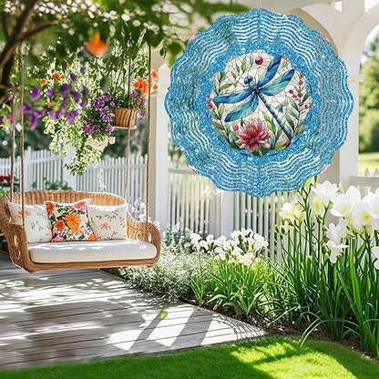 Dragonfly Wind Spinner Outdoor, Hanging Metal Wind Catcher, Garden Decor Gift for Women Men, 12" 3D Stainless Steel Kinetic Art for Yard, with Center Pendant