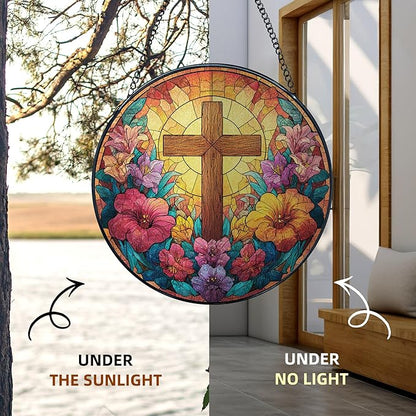 Christian Cross Flower Stained Glass Window Hanging, Cross Suncatcher, Religious Wildflower Christian Sun Catchers Indoor Window Glass Wall Art Hanging Decorations, 7.9x7.9in