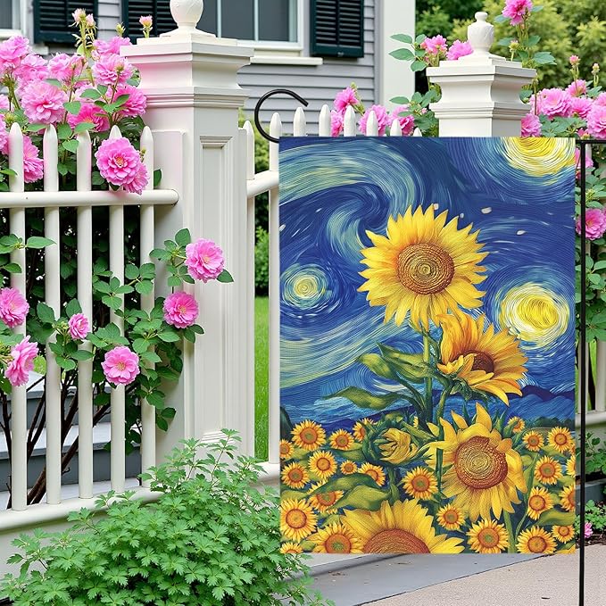 Sunflower Garden Flag Spring Summer Sunflowers Yard Flags Vibrant Van Gogh Starry Sky House Banners Double Sided Rustic Farmhouse Floral Banner for Porch Patio Landscape Decor 12 x 18 Inch