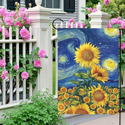 Sunflower Garden Flag Spring Summer Sunflowers Yard Flags Vibrant Van Gogh Starry Sky House Banners Double Sided Rustic Farmhouse Floral Banner for Porch Patio Landscape Decor 12 x 18 Inch