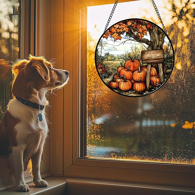 DASTOLL Stained Glass Window Hanging Fall Farm Scenery Maple Trees Pumpkin 6.3" - Suncatcher Door Garden Kitchen Sun Catcher Autumn Decor Birthday for Mom Nana Men Woman Friend