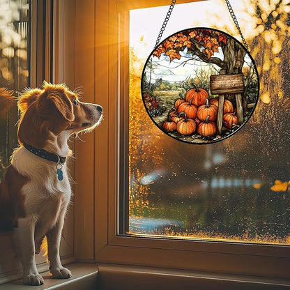 DASTOLL Stained Glass Window Hanging Fall Farm Scenery Maple Trees Pumpkin 6.3" - Suncatcher Door Garden Kitchen Sun Catcher Autumn Decor Birthday for Mom Nana Men Woman Friend