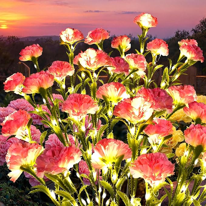 GIGALUMI Solar Lights Outdoor for Garden Decor, 4 Pack Solar Flower Lights Waterproof, 2 Lighting Modes 28 Carnations for Pathway,Yard, Patio Decoration, Gardening Gifts for Women (Pink)