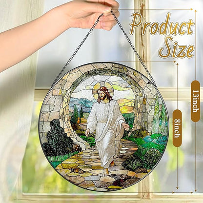 8 Inch He is Risen Resurrection of Jesus Stained Glass Suncatcher, Stained Glass Window Hanging, Sun Catchers Indoor Window Decor and Christmas, Christian Gift, Religious Gifts, Christian Home Decor
