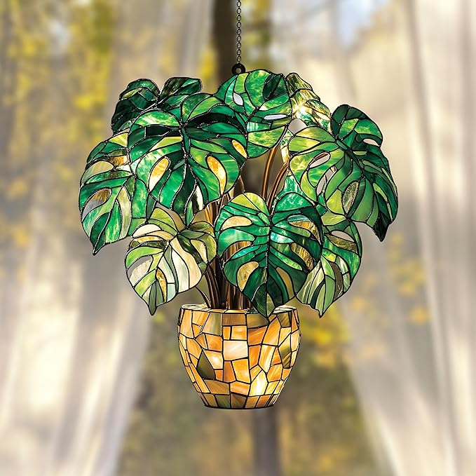 Monstera LeavesChristmas Ornament Colorful Acrylic Suncatcher Stained Glass Effect Window Hanging for Book Lover Bookish Decor Gift for Women mom Grandma