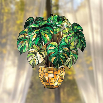 Monstera LeavesChristmas Ornament Colorful Acrylic Suncatcher Stained Glass Effect Window Hanging for Book Lover Bookish Decor Gift for Women mom Grandma