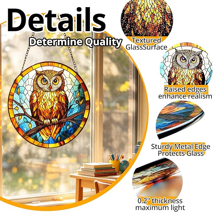 Owl Stained Glass Suncatcher,7.8-in Colorful Bird Window Hanging Ornament for Indoor & Outdoor Decor, Gift for Bird Lovers, Women, Mom, Grandma, Living Room, Garden, Porch, Housewarming