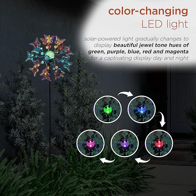 Alpine Corporation 60" Tall Outdoor Solar Metal Butterfly Wind Spinners with Color Changing LED Lights, Garden Decor, Multicolor