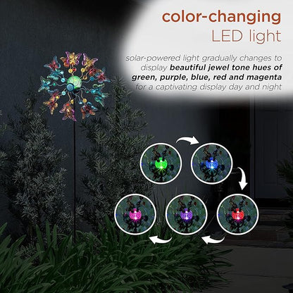 Alpine Corporation 60" Tall Outdoor Solar Metal Butterfly Wind Spinners with Color Changing LED Lights, Garden Decor, Multicolor
