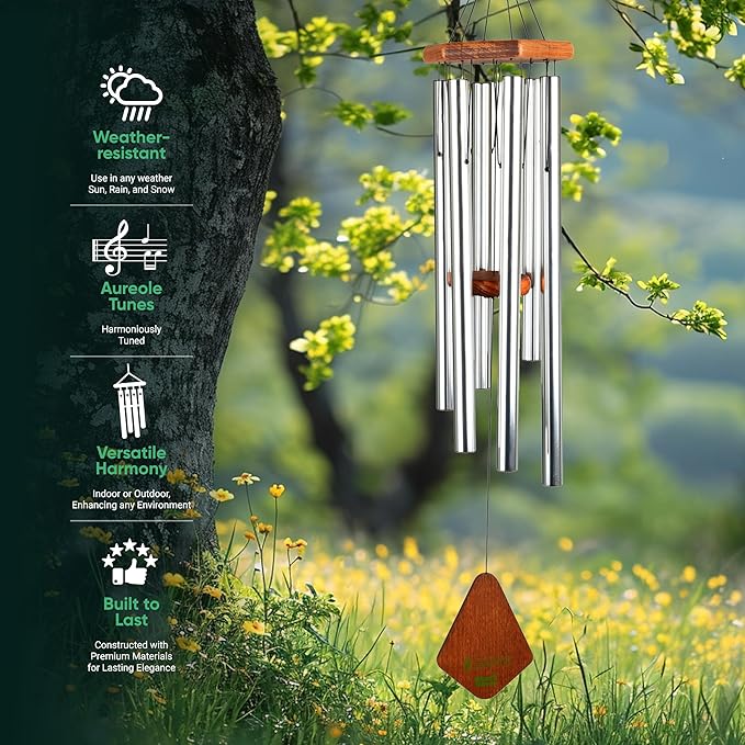Nature’s Melody Premiere Grande Tunes Wind Chimes – Outdoor Windchime with 6 Tubes Tuned to E Pentatonic Scale, Rustproof Aluminum, Beech Wood & S Hook Hanger (Silver, 24 Inch)