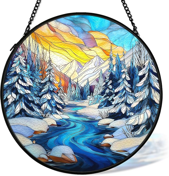 Winter Wonderland Christmas Suncatcher Stained Glass Window Hanging Decorstions, Landscape Stained Glass Wall Decor, Winter Solstice Gifts, Forest Garden Sun Catchers Window Art, 7.9x7.9 Inch